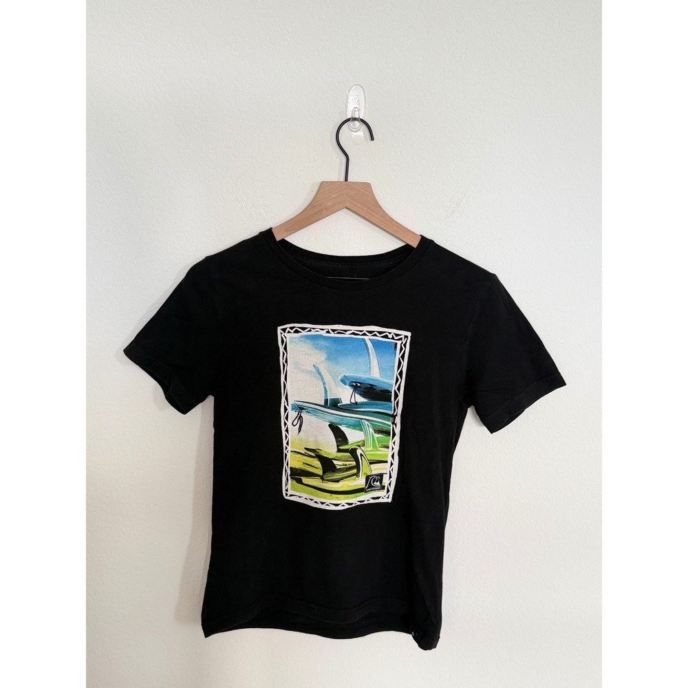 Quiksilver Kids Black Surfboard Graphic Tee Short Sleeve Cotton Shirt Size M